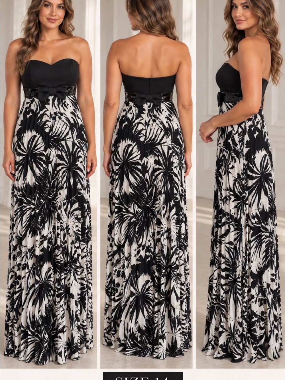 Strapless Black & White Floral Maxi Dress